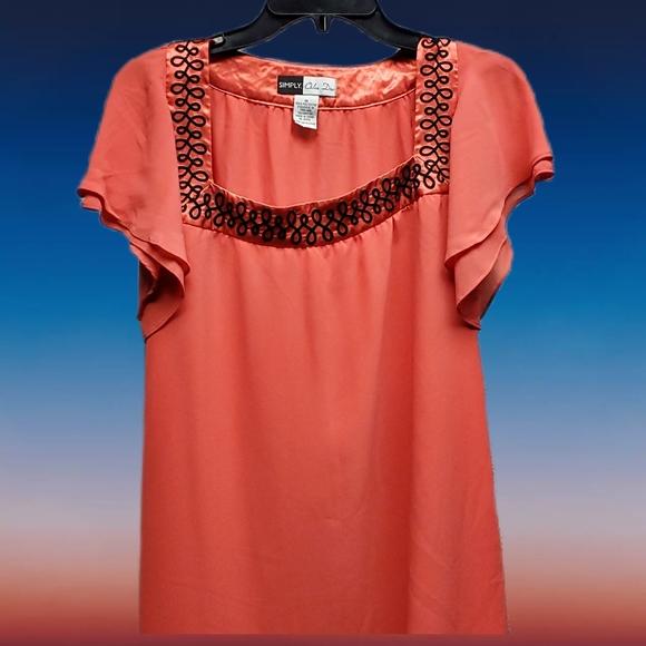 Coral Blouse with Embroidered Square Neckline - Picture 3 of 8